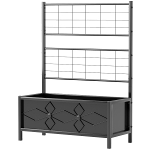 Outsunny Outdoor Planter Box Galvanized Raised Garden Bed with Trellis for Climbing Vines, 35.4" x 15.7" x 47.2", Black