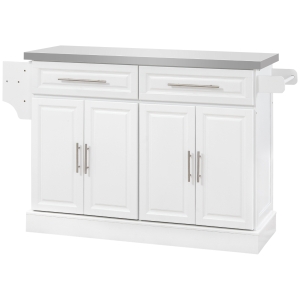 HOMCOM Rolling Kitchen Island Cart with Wheels, Portable Island Table for Kitchen with Stainless Steel Top, Adjustable Shelves, 2 Drawers, Spice, Knife and Towel Rack, White