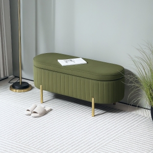 HOMCOM Upholstered Bedroom Bench, Channel Tufted Ottoman Bench with Thick Padding and Metal Legs, Dark Green