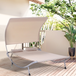 Outsunny 79" Outdoor Lounge Chair with Canopy, Double Chaise Lounger Hammock Bed w/ Pillow and Wheels, Sand