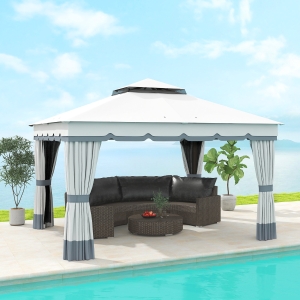 Outsunny 10' x 12' Double Roof Patio Gazebo Canopy, Outdoor Gazebo Shelter with Netting & Curtains, for Garden, Lawn and Deck