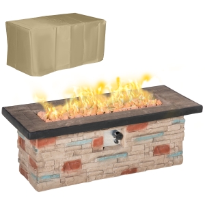 Outsunny 48 Inch Outdoor Propane Gas Fire Pit Table, 50,000 BTU Auto-Ignition Rectangular Faux Ledge Stone Gas Firepit with Lava Rocks and Rain Cover, CSA Certification, Brown