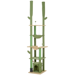 PawHut 89"-100" Floor to Ceiling Cat Tree, Cat Climbing Tower with Grooming Brush Post, Cat Condo, Hammock, Green