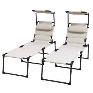 Outsunny 2 Pcs Outdoor Lounge Chair, 4 Position Adjustable Backrest, Folding, Cushioned w/ Sun Shade Roof & Pillow, Cream White