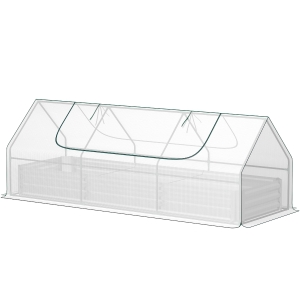 Outsunny 8.6 x 3 x 1ft Raised Garden Bed with Mini Greenhouse, Galvanized Raised Garden Bed with Cover for Herbs and Vegetables, Small Greenhouse for Patio Garden Balcony, White and Silver