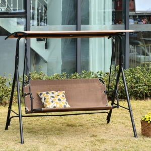 Outsunny 2-Person Porch Swing Chair, 2 Seater Patio Swing Bench w/ Adjustable Canopy, Breathable Seat for Garden, Poolside, Brown