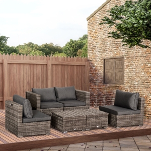 Outsunny 8 Pieces Patio Furniture Set, Outdoor Wicker Rattan Sofa Set Yard Conversation Seat Tea Table and Footstool Garden Patio Furniture w/ 2 Set Cushion Cover Grey & Orange
