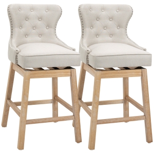 HOMCOM Memory Swivel Bar Stools Set of 2, Upholstered Fabric Bar Height Barstools with Tufted Back, Nailhead-Trim and Solid Wood Legs, 30" H Seat Height Kitchen Stools, Cream
