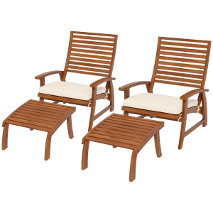 Outsunny 4 Piece Patio Furniture Set, 2 Chairs with Cushions & Ottomans, Slatted Acacia Wood, Cream White