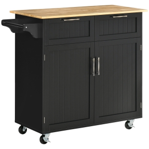 HOMCOM 41" Modern Rolling Kitchen Island on Wheels, Utility Cart Storage Trolley with Rubberwood Top & Drawers, Black