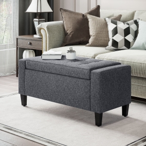 HOMCOM Storage Ottoman Bench, Linen Upholstered Bench with Tufted Design