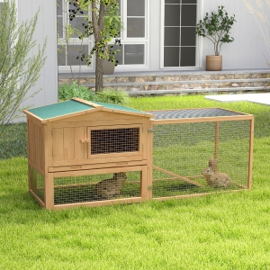 PawHut 62'' L 2-Story Rabbit Hutch Bunny Cage Small Animal House with Pull Out Tray, Detachable Run, Ramp, for Indoor Outdoor, Natural