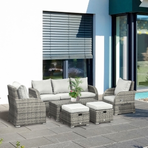 Outsunny 6 Pieces Patio Furniture Set, Conversation Set Wicker Sectional Set Cushioned Outdoor Rattan 3-Seat Sofa, 2 Adjustable Recliners, 2 Footstools & Table Set for Lawn Garden Backyard, Light Grey
