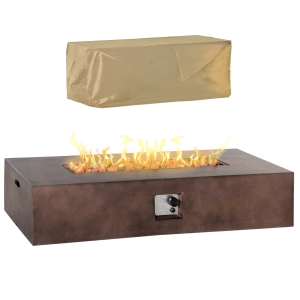 Outsunny 56" Firepit Table for Outside, 50,000 BTU Large Rectangular Stone Gas Firepit with Lava Rocks & Rain Cover, Fits 20lb Tank, Brown