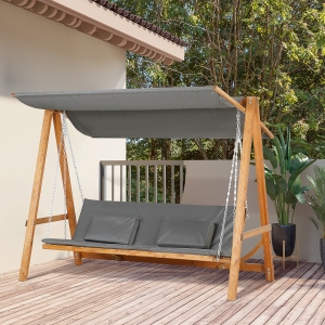 Outsunny 3 Seater Patio Swing Chair Convertible Cushioned Porch Swing Bed with Canopy, Wood Frame for Outdoor, Backyard, Garden