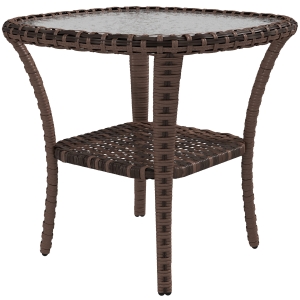 Outsunny Outdoor Coffee Table with Storage Shelf, Hand-Woven Wicker Side Table with Water-Ripple Glass Top, Mix Brown
