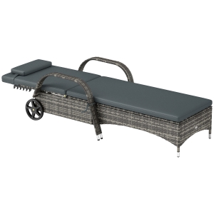 Outsunny Outdoor Chaise Lounge, 5-Level Adjustable Backrest Rattan Pool Lounge Chair with Wheels, Cushion & Headrest, Black