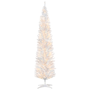 HOMCOM 8ft Pencil Christmas Tree, Slim Artificial Christmas Tree with Realistic Branches and Warm White LED Lights, White