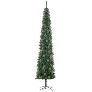 HOMCOM 9.5ft Pencil Christmas Tree, Slim Xmas Tree with Realistic Branches, Pine Cones and Metal Base, Green