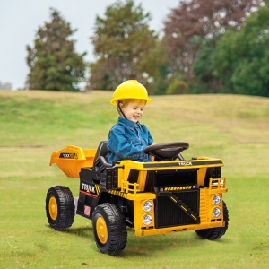 Qaba 12V Kids Ride On Dump Truck Construction Vehicle w/ Electric Dump Bed, Shovel, Spring Suspension Wheels