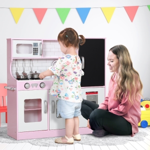 Qaba Play Kitchen for Kids, Kids Kitchen Playset w/ Chalkboard, Ice Maker, Play Phone, Sink, Microwave