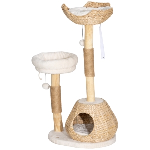 PawHut 41" Cat Tree for Indoor Cats with Wooden Cat Scratching Posts, Cat Condo, Cat Beds & Toy Balls, Cream White