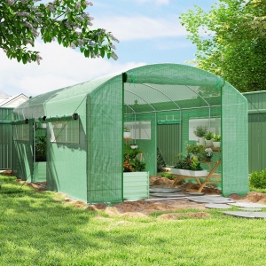 Outsunny 19.5' x 10' x 7.5' Tunnel Greenhouse with 3 Roll-Up Doors and Large Mesh Windows, Galvanized Steel Frame, Wind Resistant, Green