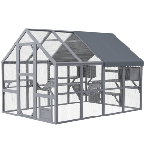 PawHut Wooden Catio Outdoor Cat Enclosure with Waterproof Cover, 2 Condos, 6 Platforms, Bridge, Doors, Gray
