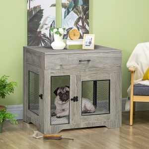 PawHut Dog Crate Furniture with Cushion, 2 Doors, Storage, Dog Kennel End Table for Small Medium Dogs, Grey