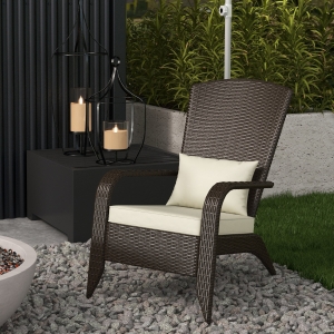 Outsunny Patio Wicker Adirondack Chair, Outdoor Rattan Muskoka Chair with Cushions for Patio, Garden, Backyard Khaki