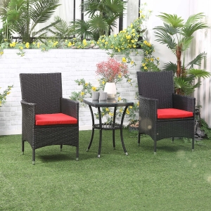 Outsunny 3 Pieces Wicker Patio Furniture Set, Rattan Bistro Set with Glass Top Coffee Table and Cushions, Outdoor Conversation Set for Garden, Porch, Balcony, Red