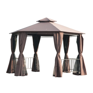 Outsunny 13' x 13' Patio Gazebo, Double Roof Hexagon Outdoor Gazebo Canopy Shelter with Netting & Curtains, Solid Steel Frame for Garden, Lawn, Backyard and Deck, Coffee