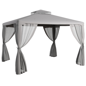Outsunny 9.6' x 11.6' Patio Gazebo Outdoor Canopy Shelter with 2-Tier Roof and Netting, Steel Frame for Garden, Gray