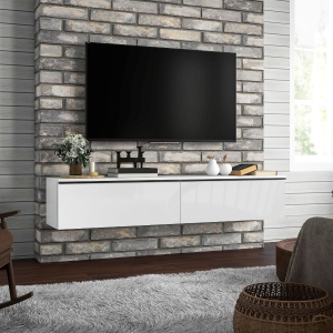 HOMCOM Wall Mounted TV Stand, Floating TV Cabinet for up to 70" TVs with Storage, High Gloss Effect, White