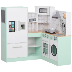 Qaba Play Kitchen, Corner Kids Kitchen Playset w/ Chalkboard, Range Hood, Ice Maker, Stove, Microwave, Sound & Lights