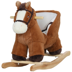 Qaba Baby Rocking Horse, Kids Ride-on with Sound, Wooden Base & Safety Belt for Ages 18-36 Months, Brown