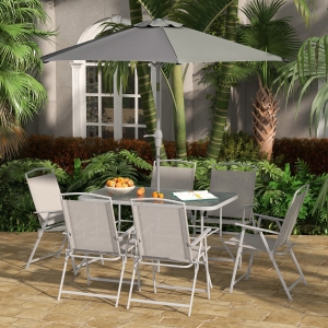 Outsunny 8 Piece Patio Dining Set with Table Umbrella, 6 Folding Chairs and Rectangle Dining Table, Grey