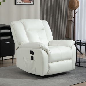 HOMCOM 8-Point Vibration Massage Recliner Chair, PU Leather Manual Reclining Sofa, Swivel Nursery Rocking Chair with Remote Control, Side Pockets, for Living Room, Cream White