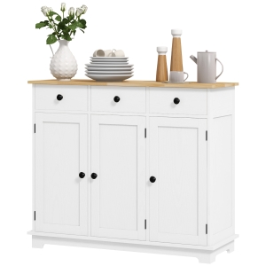 HOMCOM Kitchen Storage Cabinet, Sideboard Floor Cupboard with Solid Wood Top, Adjustable Shelf, and 3 Drawers, White