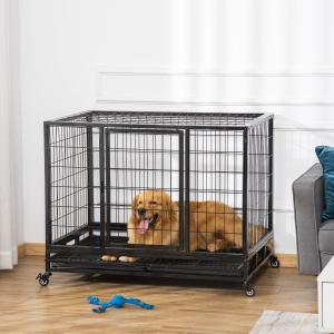 PawHut Heavy Duty Dog Crate Cage for Large Dogs Cats with Two Doors, Lockable Wheels, Removable Tray, 43" x 30" x 32''