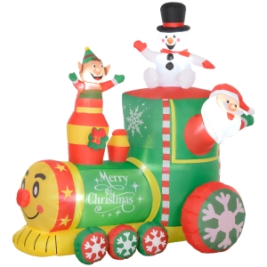 Outsunny 6FT Inflatable Train with Santa Claus, Snowman, Blow-Up Outdoor Display w/ White LED Lights for Party