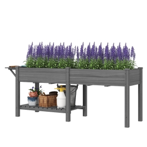 Outsunny Wood Raised Garden Box, Elevated Garden Bed with Side Table, Bottom Shelf, Bed Liners and Drainage Holes, Gray