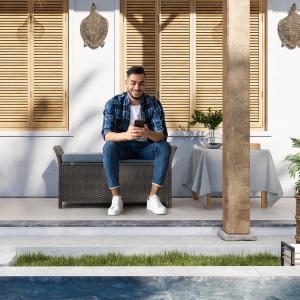 Outsunny 2-In-1 Outdoor PE Rattan Storage Bench, 29 Gallon Patio Wicker Furniture, Basket Box with Handles and Cushion Dark Grey