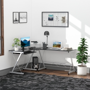 HOMCOM L-Shaped Computer Desk, Corner Table with Keyboard Tray for PC Laptop Desktop, Workstation Stand Home Office Furniture