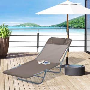 Outsunny Outdoor Lounge Chair, Portable Adjustable Reclining Seat Folding Chaise Lounge Patio Camping Beach Tanning Chair Bed with Pillow, Brown