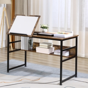 HOMCOM Adjustable Drafting Table Art Desk Drawing Table Craft Desk Workstation for Painting Multifunctional Writing Desk with Tiltable Tabletop and Storage Shelf Rustic Brown