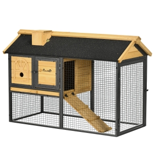 PawHut 47" Wooden Rabbit Hutch Outdoor with Run, Metal Frame, 2-Story Bunny Rabbit Cage with Removable Tray, Ramp, Bunny Hutch with Space-Saving Design for Rabbits, Chickens, Ducks