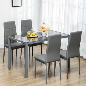 HOMCOM 5-Piece Rectangular Glass Kitchen Table and Chairs with Metal Frame and Faux Leather Upholstery for Dining Room, Grey