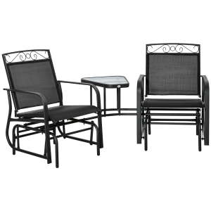 Outsunny Outdoor Glider Chairs with Coffee Table, Patio 2-Seat Rocking Chair Swing with Breathable Sling for Backyard, Black