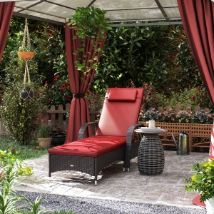 Outsunny Outdoor Lounger, Deck Lounge Chair with Headrest, 5-Level Adjustable, Backrest, Wheels, Deep Coffee and Wine Red